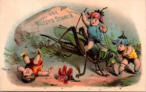 Use Muzzy's Starch Grasshopper Boston MA Victorian Trade Card - Picture 1 of 2