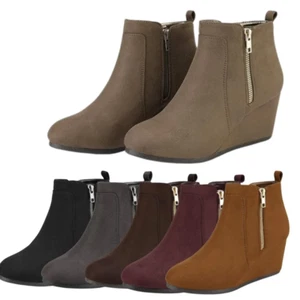 Women Side Zipper Booties Suede Wedge Heel Almond Toe Ankle Boots - Picture 1 of 32