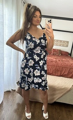 Banana Republic Size 14 Linen Cotton Blend Navy Floral Ruffle Wrap Dress - Image 1 of 4
