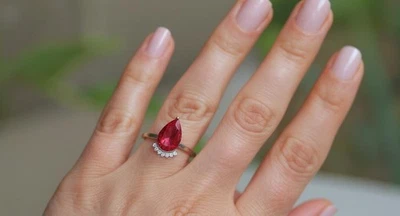 14K Solid Gold 4ct Ruby Diamond Ring, Pear Shape, Engagement Ring, Lab Created - Image 1 of 4