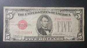 $5 1928C RED SEAL Bill United States Legal Tender 1928 US NOTE - Picture 1 of 2