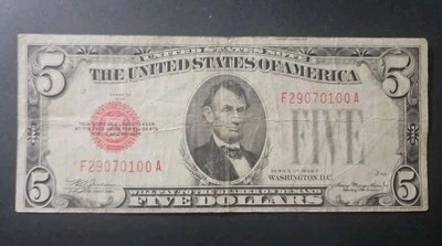 $5 1928C RED SEAL Bill United States Legal Tender 1928 US NOTE - Image 1 of 2
