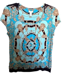 Blusa Plisada Chicos 2 Para Mujer L Azul Dorado Paisley Manga Corta Top - Imagen 1 de 14