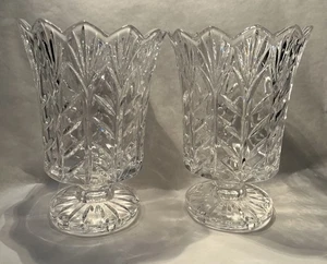 Pair Of Fifth Avenue 24% Lead Crystal Portico Hurricanes Or Vases Taper & Pillar - Bild 1 von 11