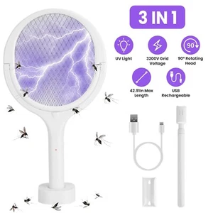 3 In 1 Electric Mosquito Insect Fly Swatter Zapper Racket Wand 90º Rotating - Picture 1 of 13