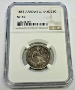 1853 ARROWS & RAYS SEATED SILVER QUARTER NGC VF30 (2512) - Picture 1 of 4