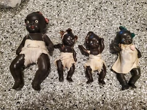 Set of 4 Small Black Antique Bisque Hinged Babies - 1930-1940 See Below for Size - Picture 1 of 15