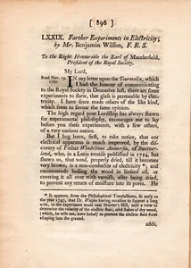 Farther Experiments in Electricity; by Mr. Benjamin Wilson, F.R.S. - 1761 - Imagen 1 de 2