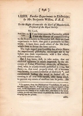 Farther Experiments in Electricity;  by Mr. Benjamin Wilson, F.R.S. - 1761 - Image 1 of 2