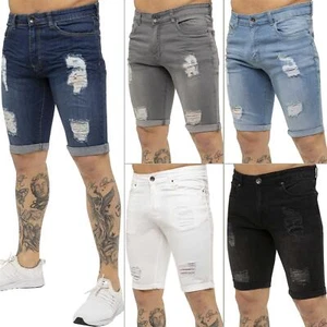 Enzo Mens Denim Shorts Stretch Cotton Ripped Slim Fit Half Pant Jeans UK Sizes - Picture 1 of 29