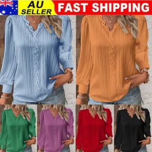 Womens Lace V Neck Long Sleeve T Shirt Blouse Casual Loose Tunic Tops Pullover - Picture 1 of 16
