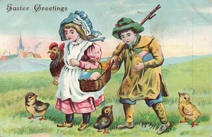  Easter Greetings Children with Chicks & Eggs Hen  Postcard Series 100 - Picture 1 of 2