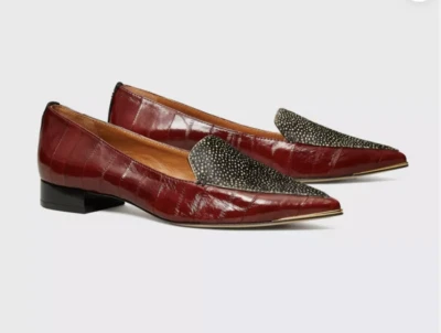 NUEVO Mocasín Tory Burch Lila 20mm Estampado de Becerro/Cuero Anguila/Gamuza 7.5M Rojo Vino Foto 1 de 4