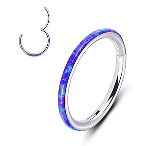 Pair Opal Outer Lined All Surgical Steel Hinged Segment Nose Hoop Ring Jewelry