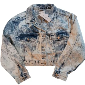 TOPSHOP Cropped Denim Jacket Womens Size 10 Acid Wash Bleach Blue Cotton Blend - Picture 1 of 6