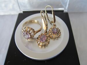 RARE BEAUTIFUL OLD VINTAGE 14K SOLID GOLD & PURPLE SAPPHIRE EARRINGS & RING SET