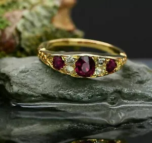 14k Yellow Gold Plated 2 Ct Round Simulated Red Ruby Engagement Three-Stone Ring - Picture 1 of 7