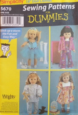 Simplicity Sewing Pattern 5670 Doll Clothes 18" Doll Wardrobe 4 Outfits OS UNCUT - Image 1 of 4