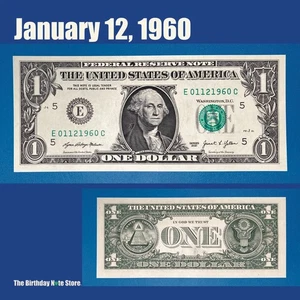 January 12, 1960 Birthday Anniversary $1 One Dollar Bill Serial Number 01121960 - Picture 1 of 2