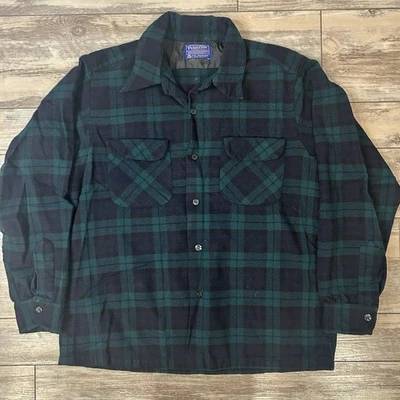 Camisa de tabla de franela de lana Pendleton vintage años 70 para hombre L mediana azul verde lazo Foto 1 de 4
