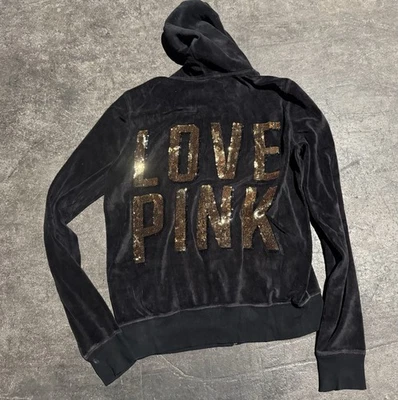 Victoria’s Secret Pink Vintage Black Velour Gold Sequin Bling Hoodie Women Small - Image 1 of 4