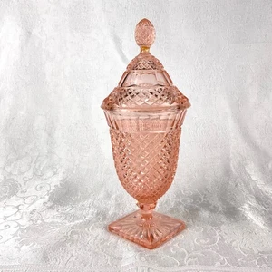 Vintage Anchor Hocking Miss America rosa hoher Sockel Deckelschale *REPARIERTES ENDSTÜCK* - Bild 1 von 15