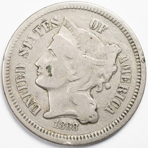 1868 Three Cent Nickel Coin 3c Very Good (VG) Details - Picture 1 of 4