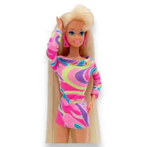 Barbie Totally Hair Doll 1991 Outfit Dress Heels Earrings #1112 Blonde Mattel - Picture 1 of 18