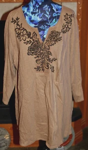 XL NWOT Women's Coldwater Creek Light Brown Embroidered Tunic Tee 3/4 Sleeves - Picture 1 of 8