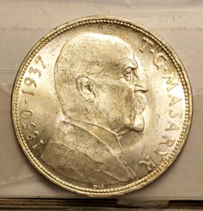 CZECHOSLOVAKIA 1937 20 Korun President Masaryk BU Details Silver KM#18  - Picture 1 of 4