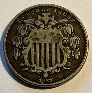1867 ERROR SHIELD NICKEL “SMUDGE ON DATE” UNITED STATES COIN - Picture 1 of 3