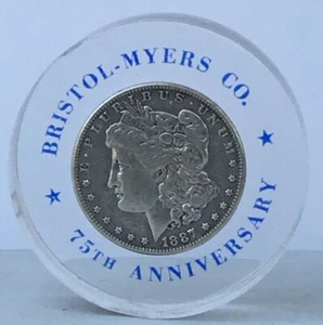 1887 Morgan Silver Dollar Bristol-Myers Company 75th Anniversary Lucite - Picture 1 of 12