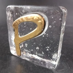 Handcrafted 2.5” Glass Block w/ Gold Letter “P" By Expressions in Glass - Picture 1 of 4