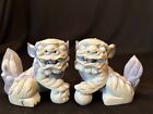 Vintage Pair Chinese Foo Lions Clay or Cast Stone Purple & Gray Figures