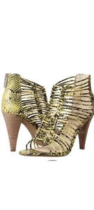 VINCE CAMUTO Alsandra Yellow Snakeskin Strappy Caged Heel Open Toe Sandals 8.5 - Picture 1 of 11