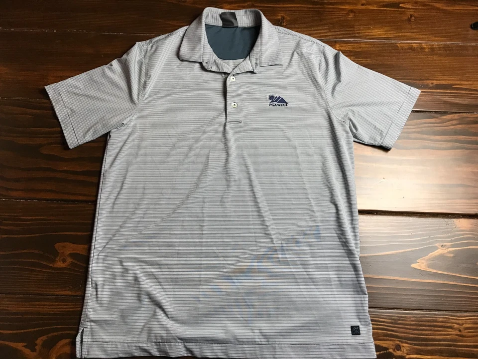 Camisa Greg Norman Para Hombre Talla Mediana Azul Blanco Gris Rayas Logo PGA West Gold Foto 1 de 4