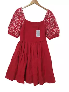 NWT Sz M Mersea Voyageur Anthropologie Linen Dress Red Embroidered Puff Sleeve - Picture 1 of 18