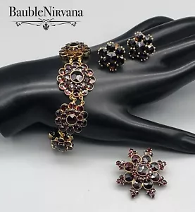 Vintage Germany Yellow Gold Plated Garnet Flower Pin Bracelet Earrings Set - Picture 1 of 10