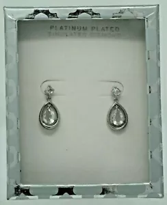 Platinum Plated Simulated Diamond Tear Drop Pierced Earrings - Picture 1 of 2