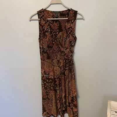 Ralph Lauren RLR Faux Wrap Dress Womens Sz PM Petite Medium Paisley Boho Stretch - Image 1 of 4