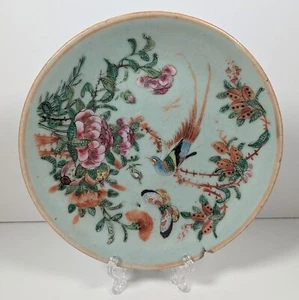 19. JAHRHUNDERT CHINESISCHE FAMILLE ROSE SELADON HANDBEMALT TELLER SCHMETTERLING VOGEL 19 CM - Bild 1 von 10