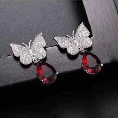 3Ct Pear Lab-Created Garnet Butterfly Drop Dangle Earrings 14K White Gold Plated - Image 1 of 4