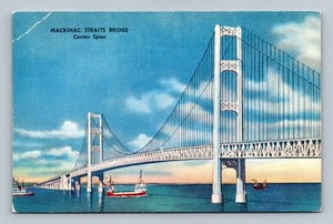 Vintage Mackinac Straits Bridge Center Span Linen Postcard - Picture 1 of 2