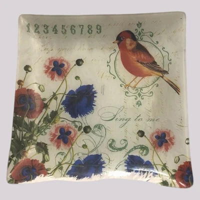 Vintage Glass Plate Square Bird Floral Pattern Multi Color 9.5 Inch - Image 1 of 4