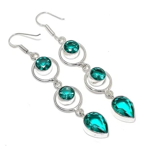 Pendiente de joyería de plata de ley 925 hecho a mano con piedras preciosas de turmalina Paraiba tamaño 3" - Imagen 1 de 1