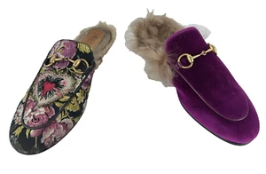 Gucci $995 Auth Mis Match Color 5 US 35 EU Gold Horsebit Fur Mules Flat Shoes - Picture 1 of 9