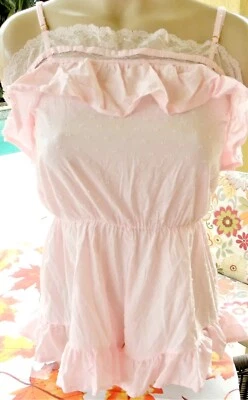 Victorias Secret M pink cotton swiss dot romper short swim coverup ruffle cruise - Image 1 of 4