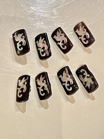Set Of 8 Antique Victorian BUTTONs Composition w Inlaid Pearl Birds 3/4”x1/2” Cover