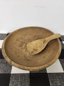 Antique Primitive Wooden Ribbed Dough or Butter Bowl with Wooden Butter Paddle - Picture 1 of 23