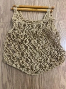 Vintage 1970 Woven Macrame Natural Net Bag Shopper With Wooden Handle - Picture 1 of 3